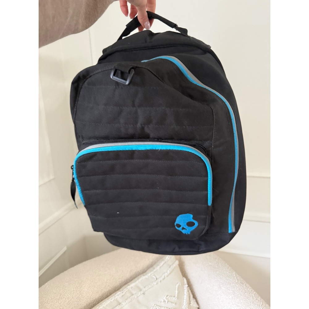 Skullcandy Backpack Blue And Black Embroidered Skull And Writing On Strap